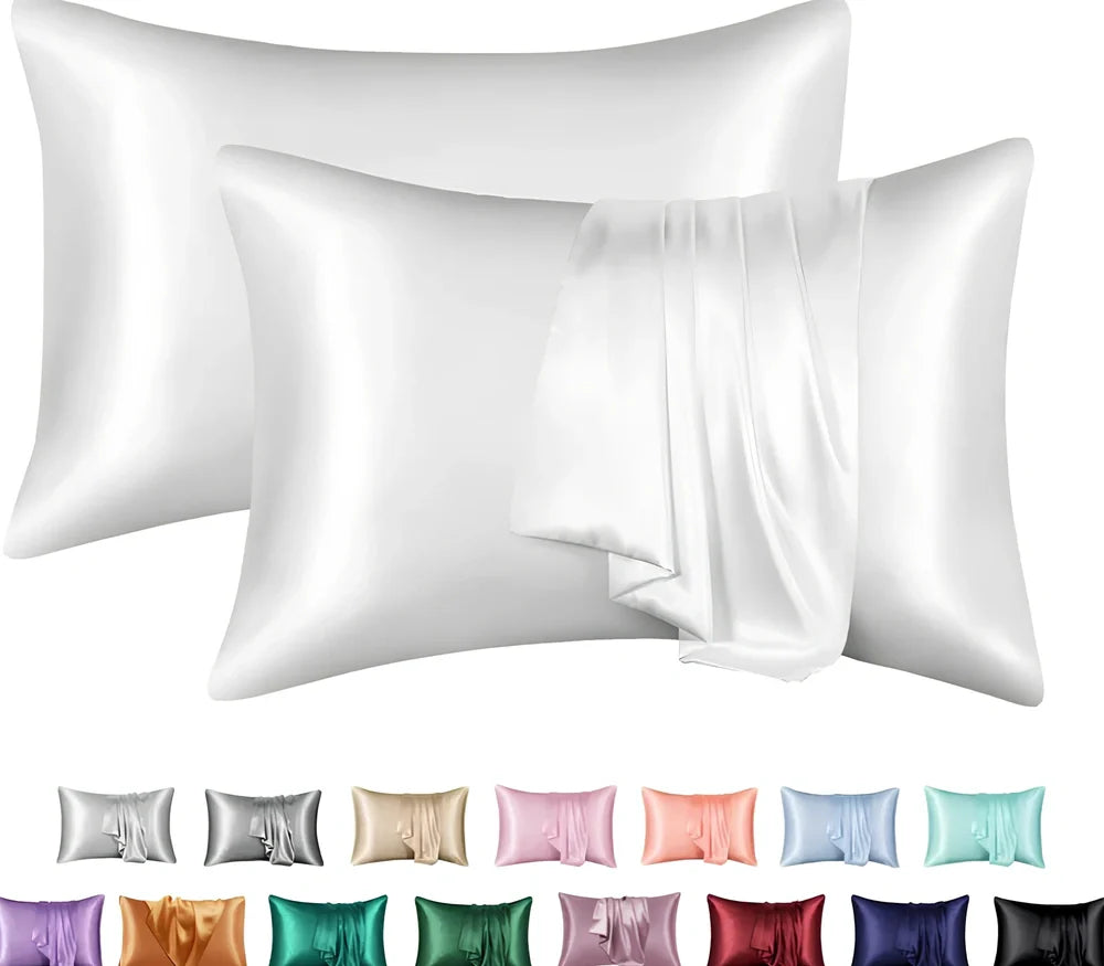 Silk-effect satin envelope pillowcase in navy blue showing envelope closure and smooth fabric texture