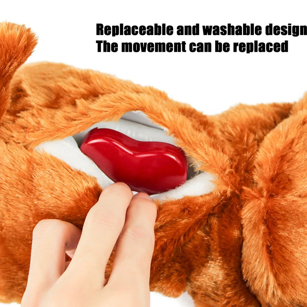 Light brown plush dog toy measuring 37cm long with heartbeat accessory for pet anxiety relief