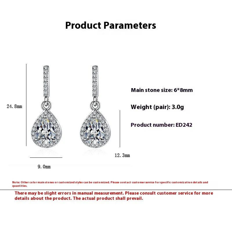 Elegant drop-shaped earrings featuring shimmering zircon stones in a variety of colors, including white, yellow, blue, and red diamond.