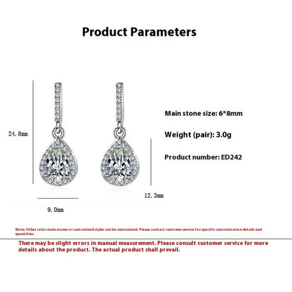 Elegant drop-shaped earrings featuring shimmering zircon stones in a variety of colors, including white, yellow, blue, and red diamond.
