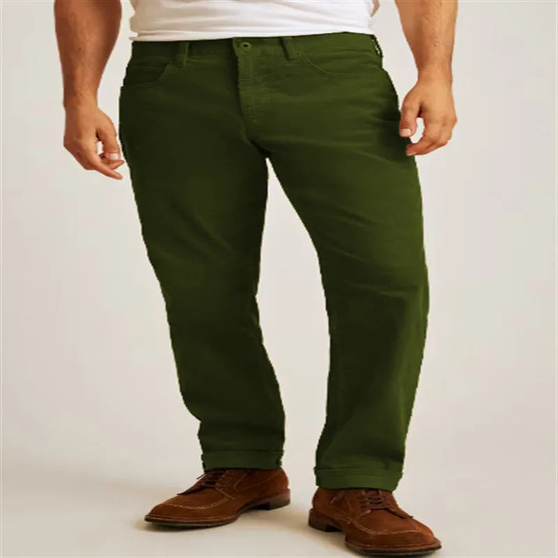 Corduroy straight trousers in green, army green, white, or khaki with a loose casual fit and zip placket