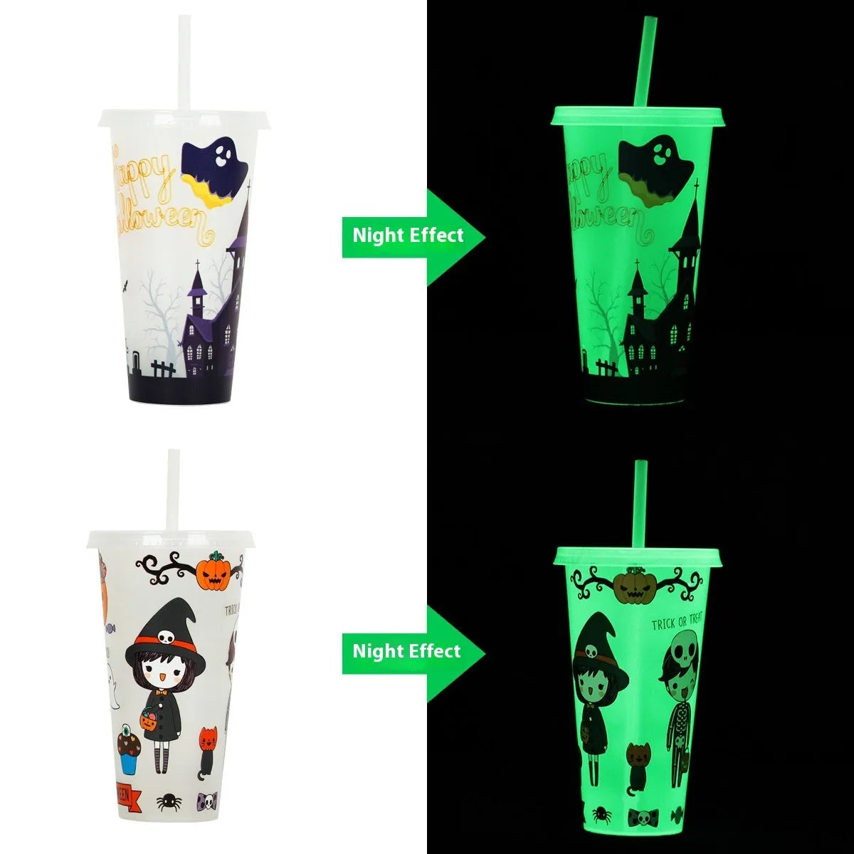 720ml plastic sippy cup with luminous straw showing cylindrical shape and Halloween colours