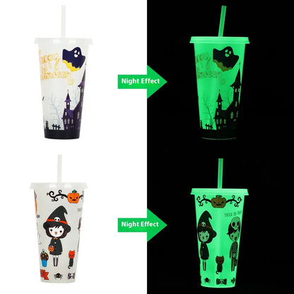 720ml plastic sippy cup with luminous straw showing cylindrical shape and Halloween colours