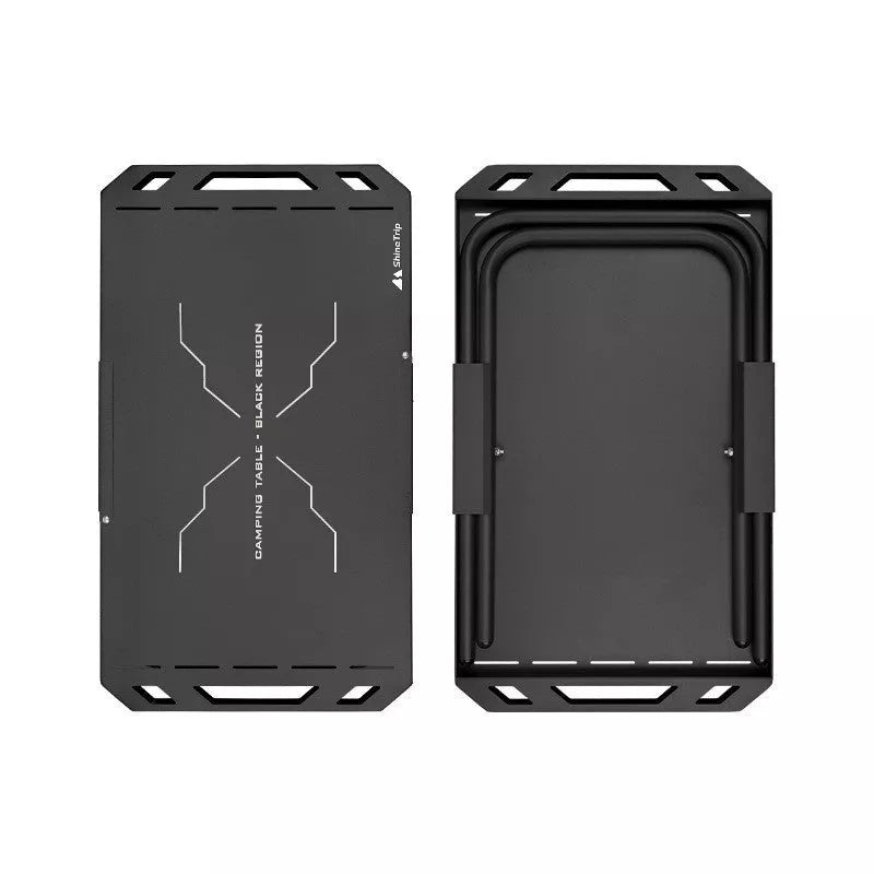 Portable steel camping table with folding design and storage bag, ideal for outdoor adventures