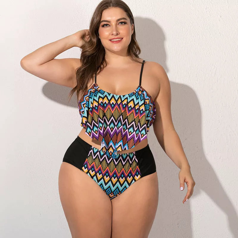 Plus size split swimsuit for women in various colors and patterns, chlorine-resistant fabric