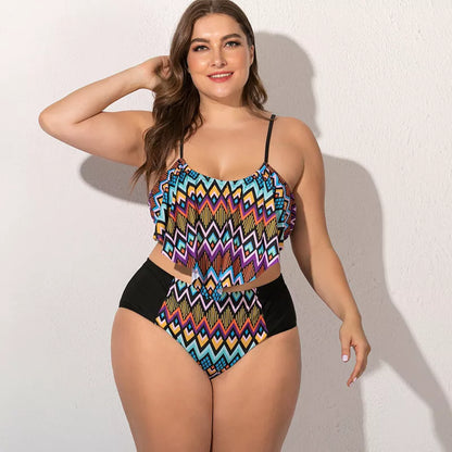 Plus size split swimsuit for women in various colors and patterns, chlorine-resistant fabric