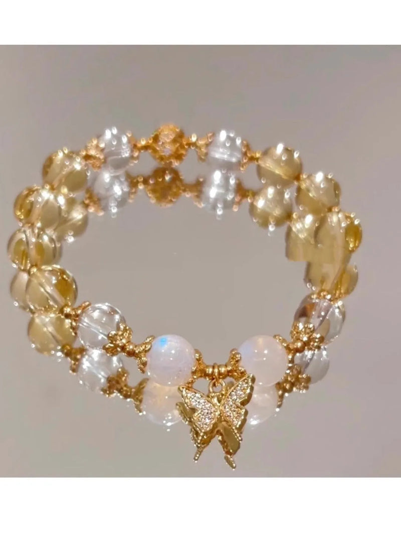 Moonstone White Crystal Beaded Bracelet Chinese Style Women's Jewellery with Citrine Butterfly Charm and Diamond Shape Beads for Festival, Wedding or Casual Wear, Adjustable String for Personal Fit