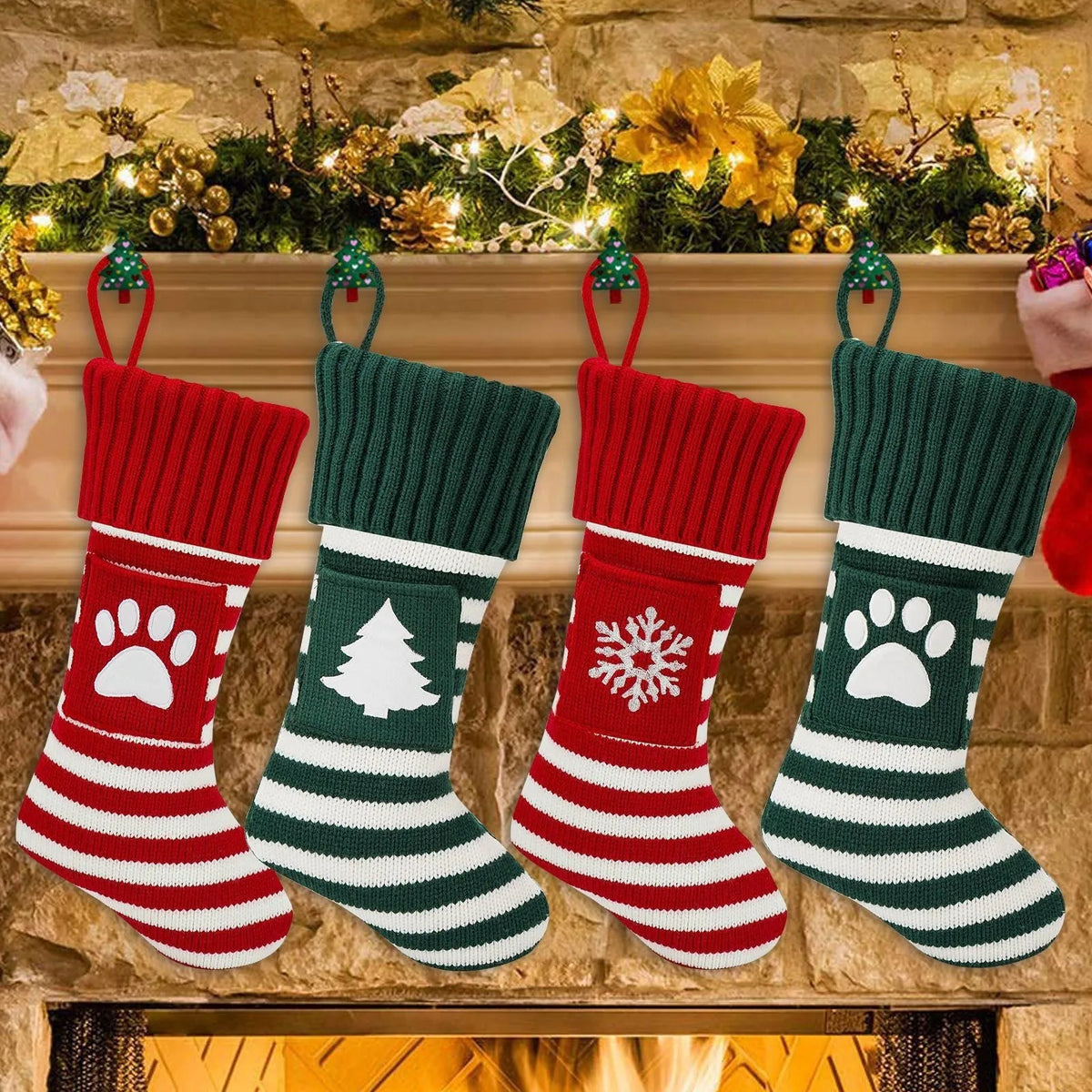 Knitted Christmas cat and dog socks in a gift bag, one pair, with red dog's paw, snowflake, green tree, or red elk patterns.
