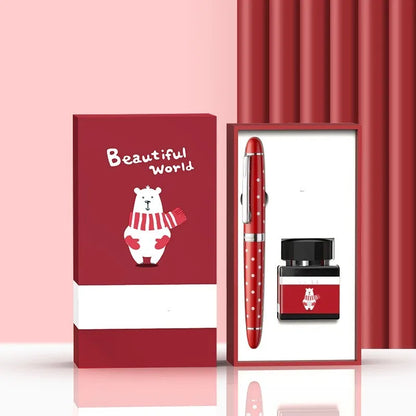 Metal beginner calligraphy fountain pen with gift box, available in Avocado, Bear, and Little dinosaur styles.