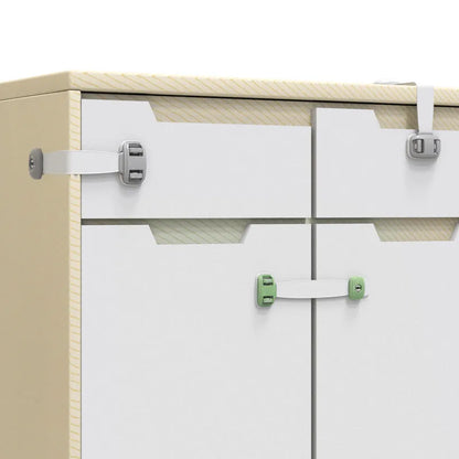 Grey adjustable child safety lock strap with 3M adhesive, shown securing a cabinet door.