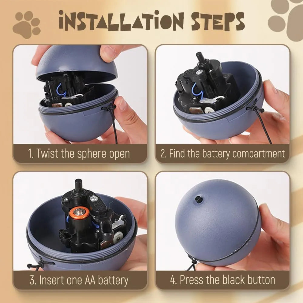 Automatic self-rolling cat ball toy in blue-orange and grey colours on indoor floor