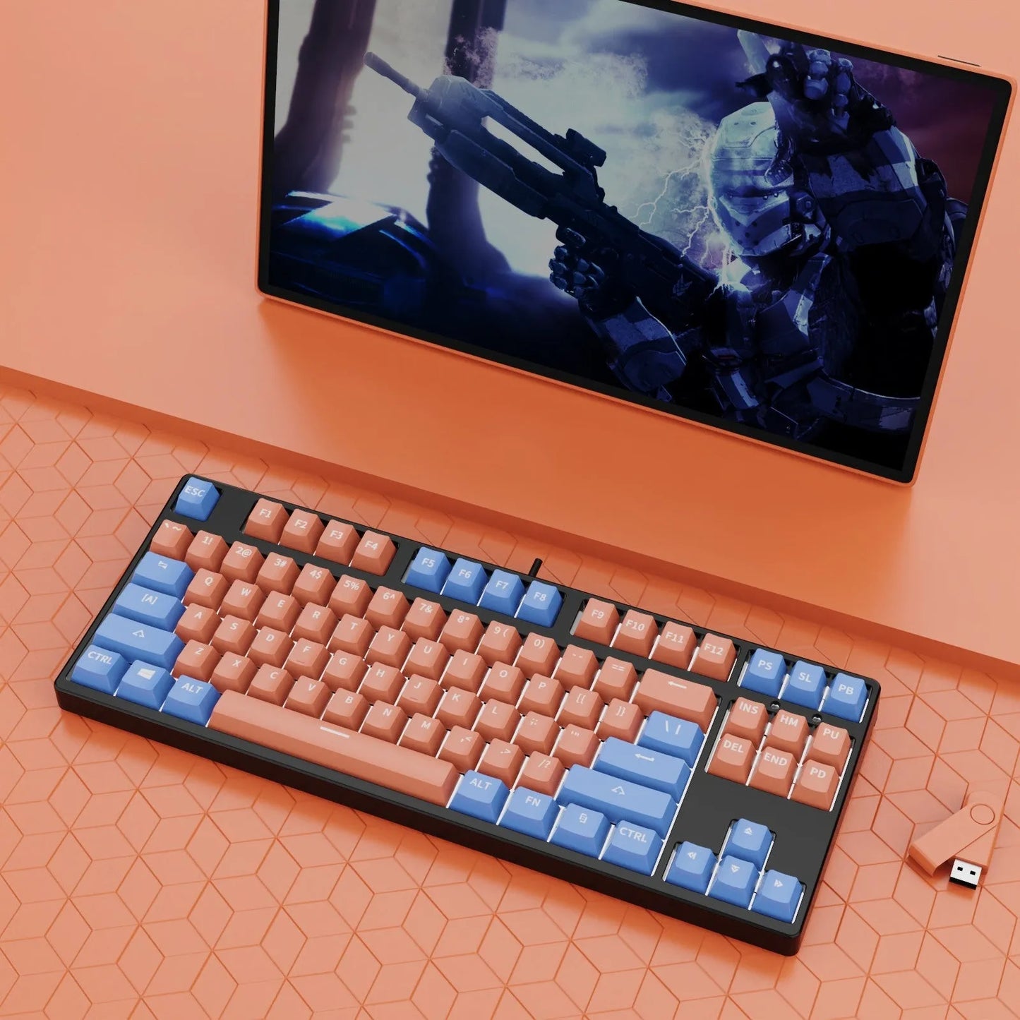 87-key mechanical keyboard with two-tone coloured keycaps on metal case