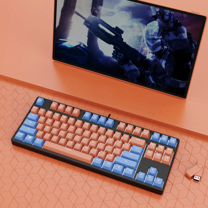 87-key mechanical keyboard with two-tone coloured keycaps on metal case