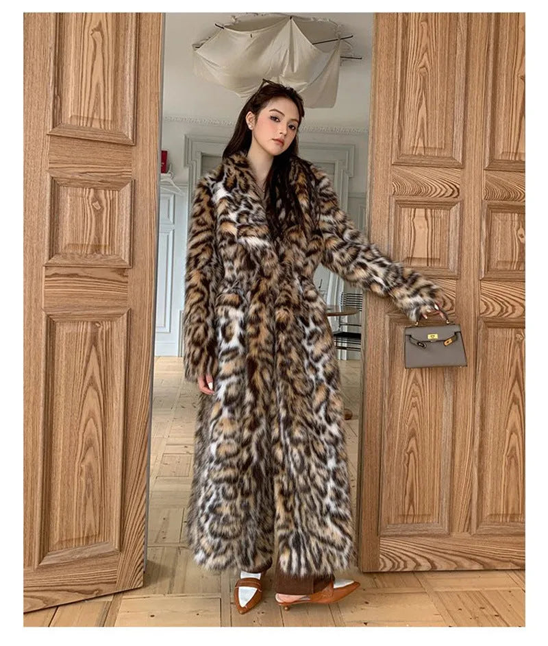 Faux fur coat with 80cm length, fur collar, and street fashion pockets in artificial fur fabric