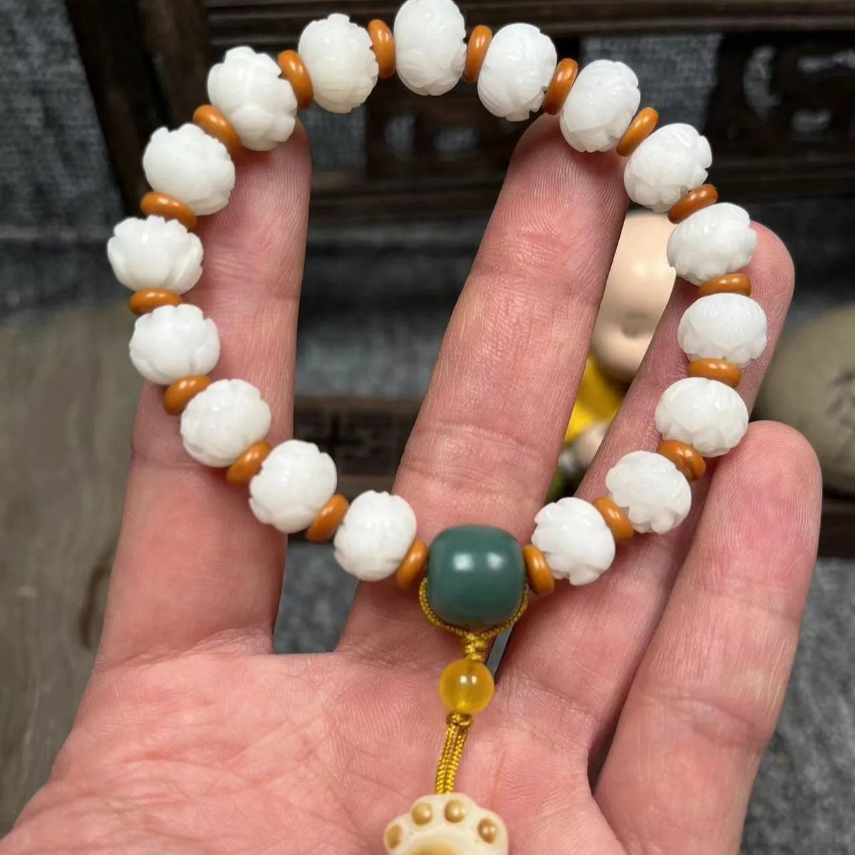 White Bodhi root bracelet with carved pumpkin lotus beads including Apple Orchard and Duobao styles