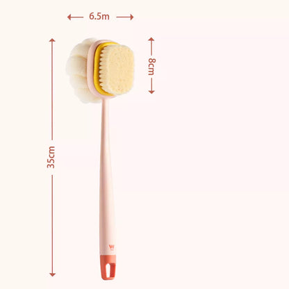 Long handle bath brush with soft fur bristles for gentle back scrubbing