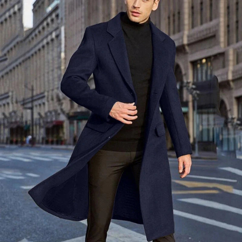 Men's woolen long trench coat in black, gray, khaki, dark brown, and navy blue