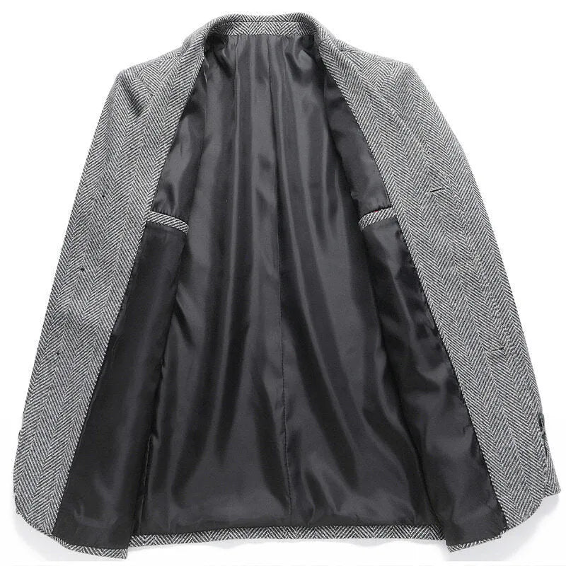 Men's loose-fit woolen coat in black, khaki, gray, or dark blue, made from polyester fabric for spring and autumn wear