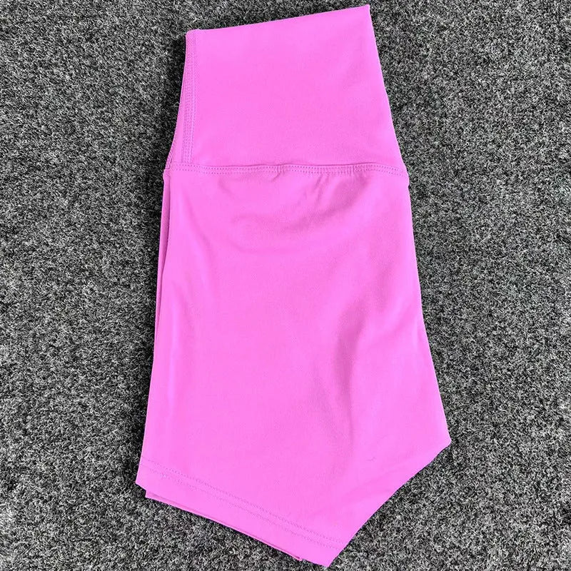 High-waisted yoga shorts in nylon fabric for moisture-wicking during sports, available in multiple colours and sizes.