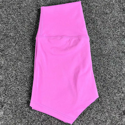 High-waisted yoga shorts in nylon fabric for moisture-wicking during sports, available in multiple colours and sizes.