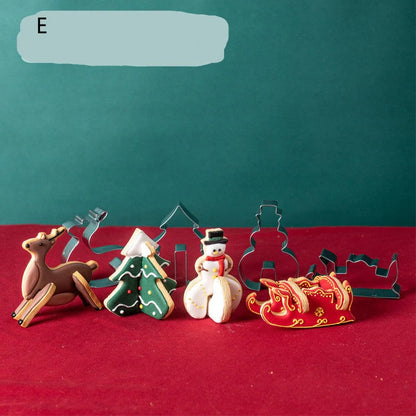Stainless steel Christmas biscuit mold set featuring various festive shapes for holiday baking
