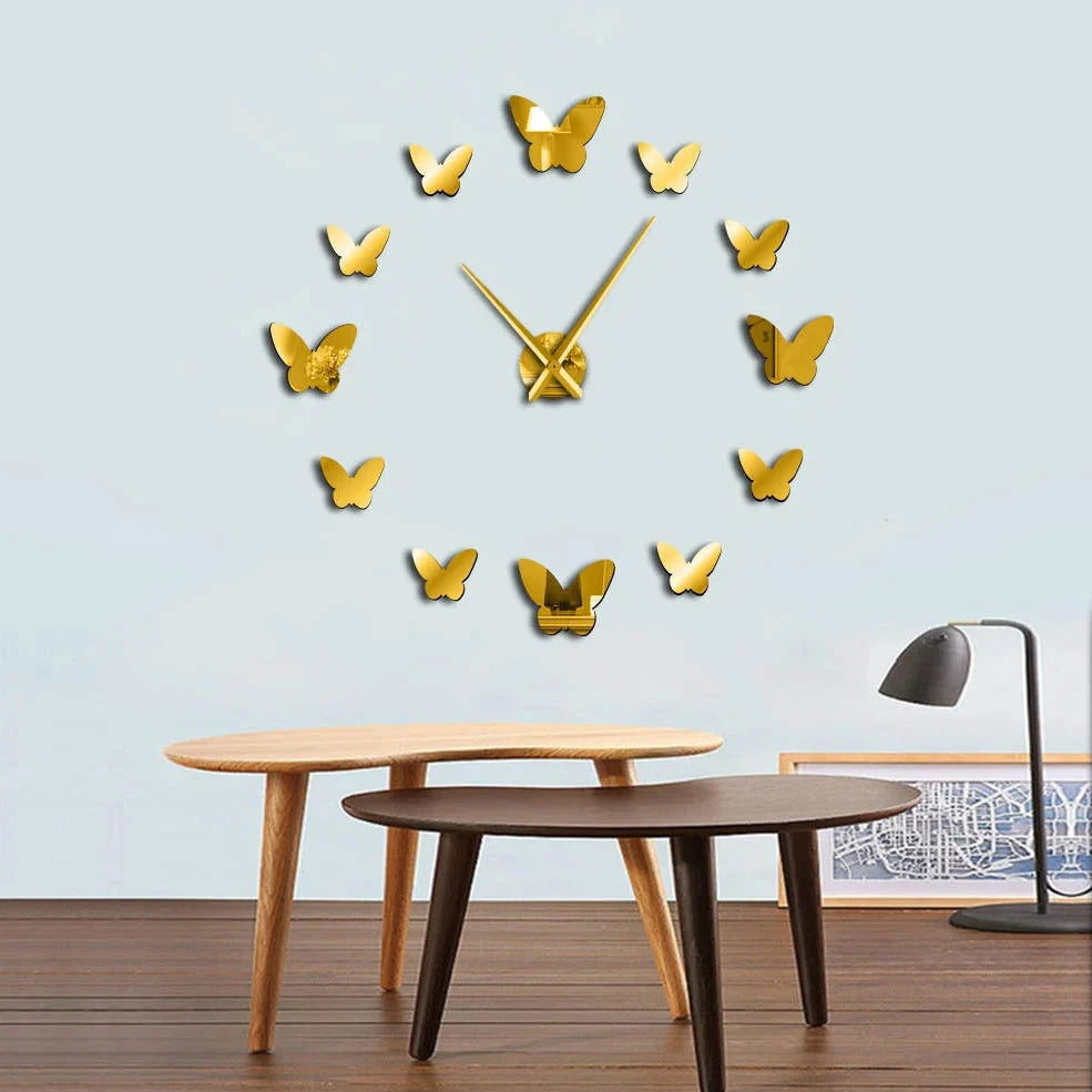 Scandinavian 3D butterfly mirror wall clock in round black gold or silver for living room bedroom decor