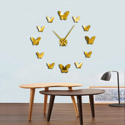 Scandinavian 3D butterfly mirror wall clock in round black gold or silver for living room bedroom decor