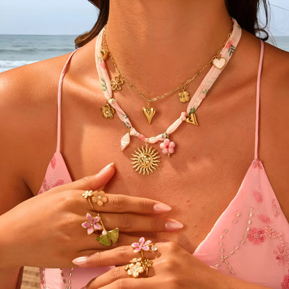 Women's stainless steel necklace with geometric sun pendant and 18K gold electroplating on 41-50cm chain