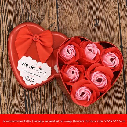 Handmade soap flower gift box in red heart-shaped tin with three blooms and bear, 12x12x5 cm for Valentine's Day
