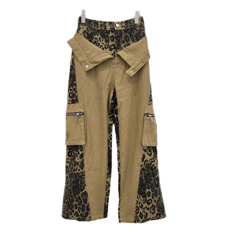Dark khaki leopard print high waist straight leg jeans with faux stitching tooling design