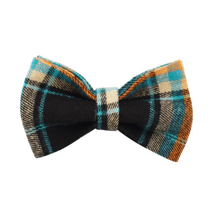 Green retro style cloth dog collar, lead, vest, and bow set displayed together.