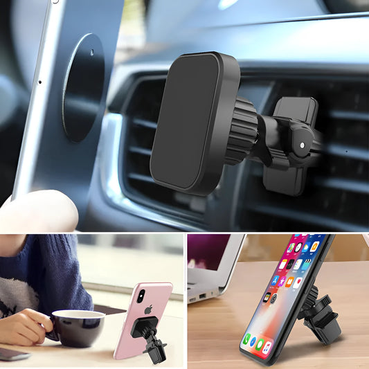 Black car air vent magnetic phone holder for smartphones with round and square vent designs