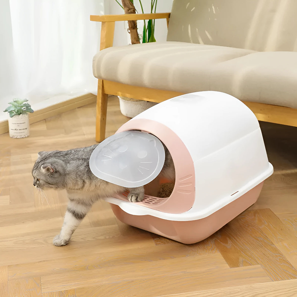 Semi-enclosed cat litter tray with flip cover, plastic and PP body, grey purple colour, scoop and deodorant bag included.