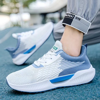 Men's blue casual mesh sports shoes with cloth upper and plastic sole