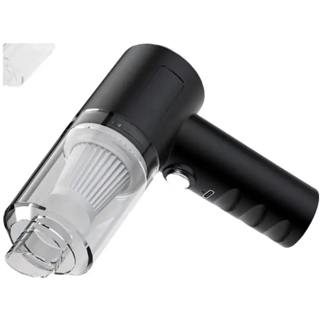 Black AS-228 handheld car cleaner with ABS body, transparent PS cover, 1200 mA battery, and USB charging.