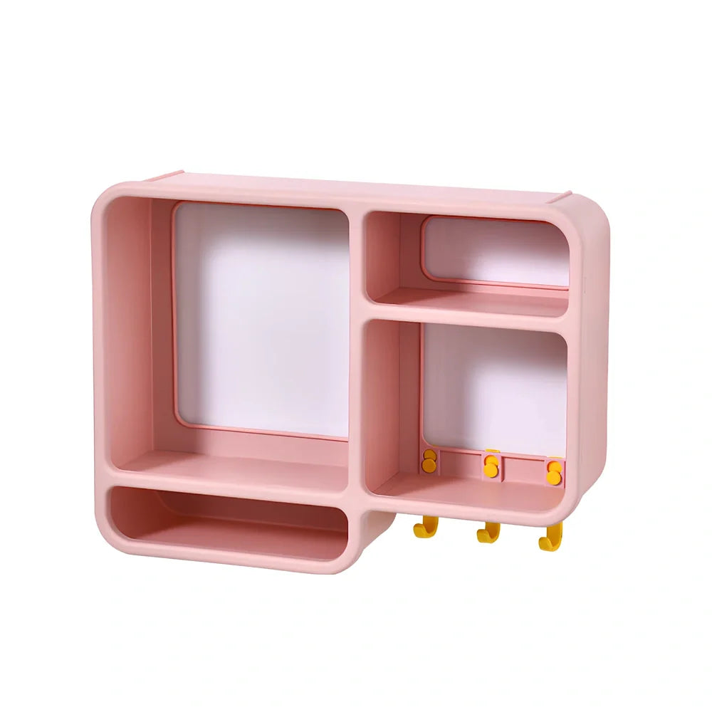 White wall-mounted cosmetics storage shelf measuring 36.2x27.2cm with dust-proof design