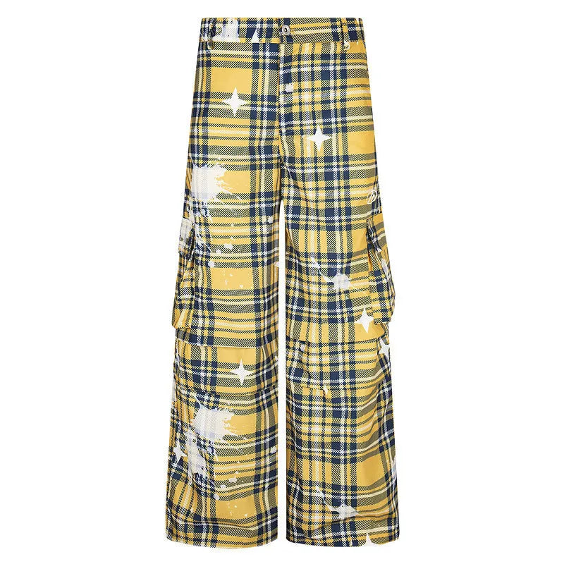 Men's retro plaid overalls with loose straight leg trousers in blue or yellow check pattern