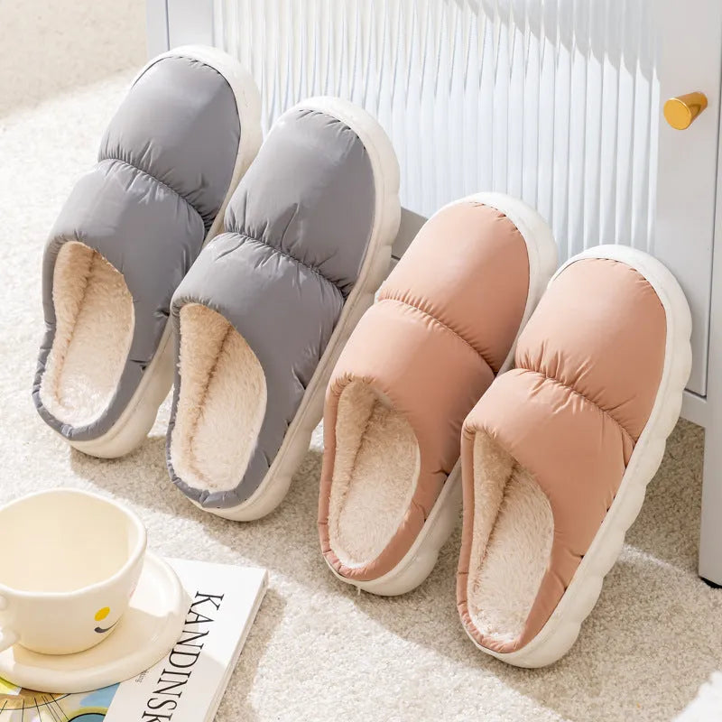 Down cotton slippers with artificial leather upper and rubber anti-slip sole in blue colour