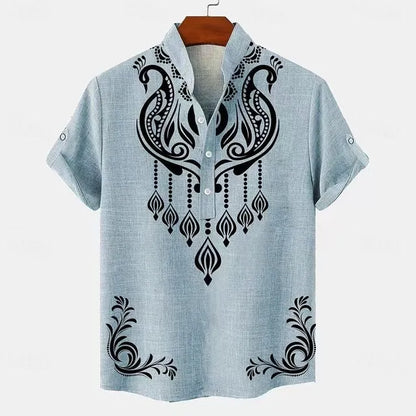 Men's striped casual linen shirt with personalised buttons showing loose fit and colour options