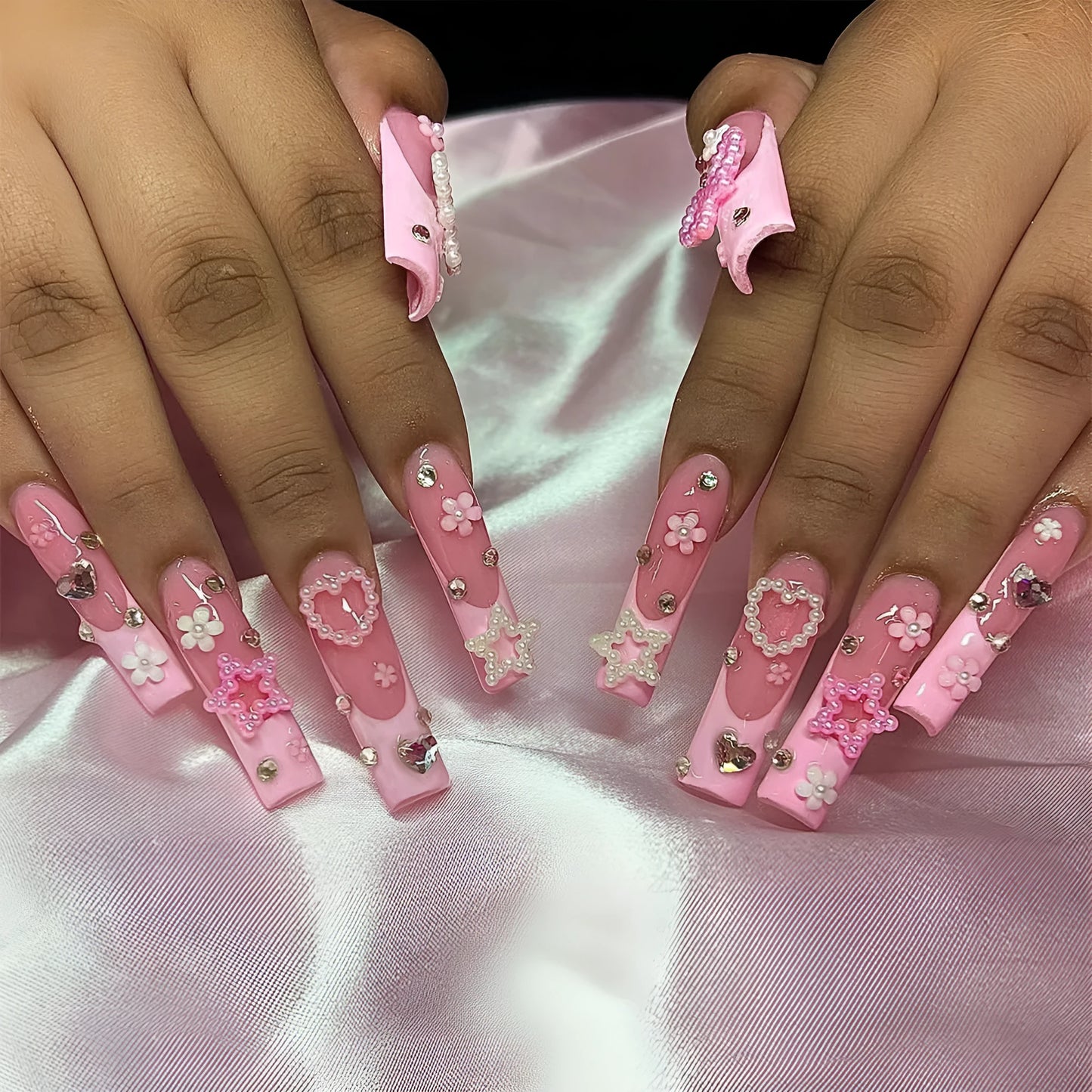 Nail art set showing super long water pipe French spot drill designs with a bow and love pattern in colour XB-70-48.