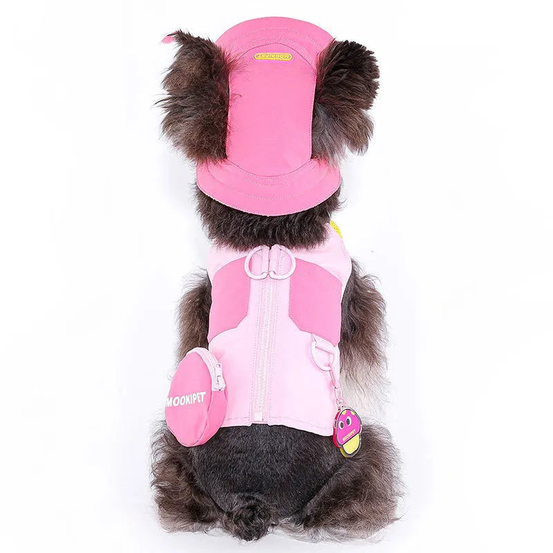 Pink polyester pet vest for small dog breeds on mannequin showing adjustable design