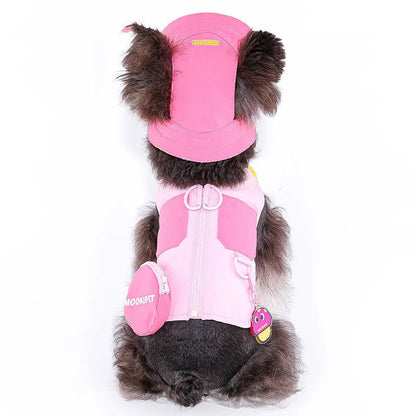 Pink polyester pet vest for small dog breeds on mannequin showing adjustable design