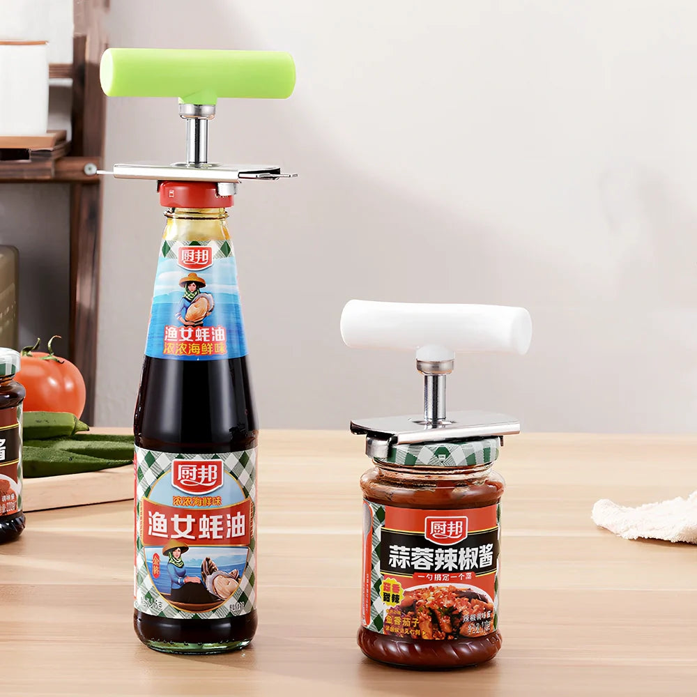 Adjustable stainless steel jar opener with ABS plastic handle, showing steel teeth and collapse feature