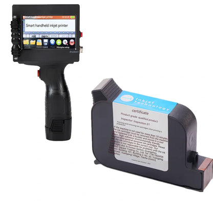 Black handheld code-spraying machine with 4.3-inch touch screen displaying marking interface