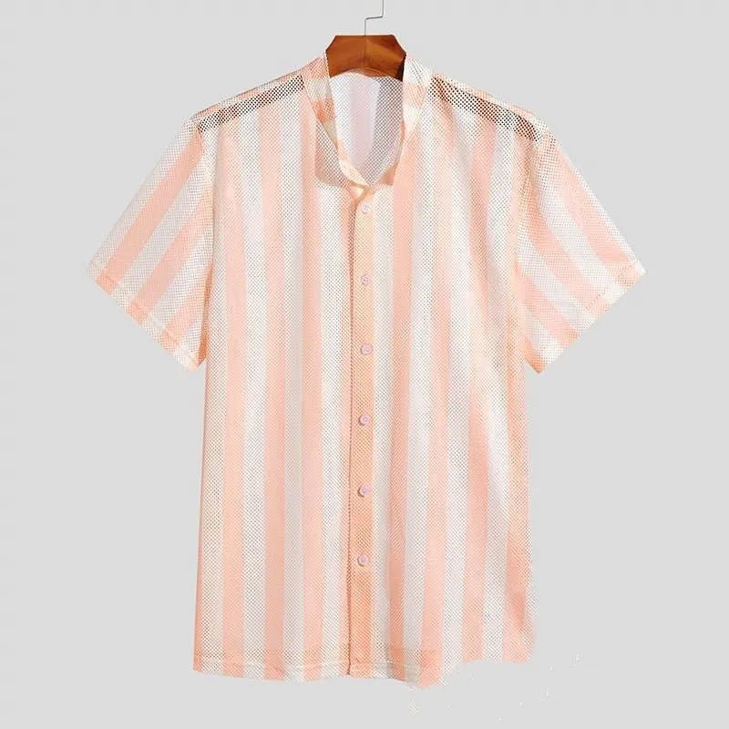 Men's pink waffle texture short-sleeved shirt in loose fit cardigan style for summer casual wear