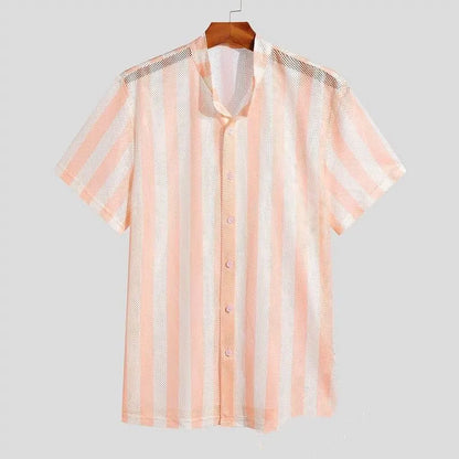 Men's pink waffle texture short-sleeved shirt in loose fit cardigan style for summer casual wear