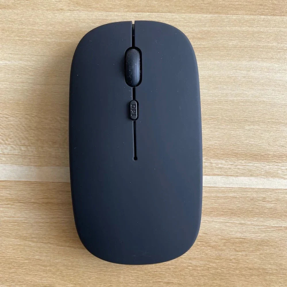 Dual-mode black wireless mouse with 1000dpi sensor, 5m range, and USB receiver for laptops
