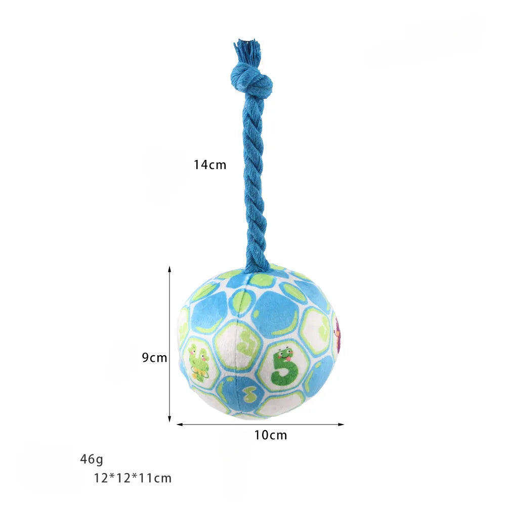 Blue and yellow elastic football dog toy with an attached cotton rope for tug of war and chewing.