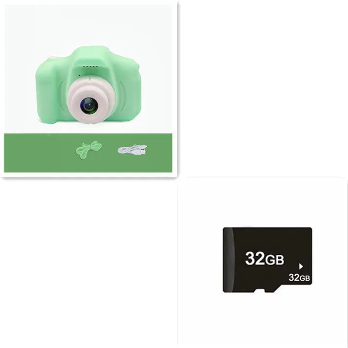 Colourful kids digital camera with silicone case showing 2-inch screen and lens.