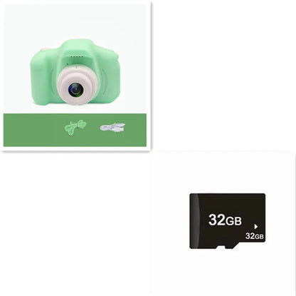Colourful kids digital camera with silicone case showing 2-inch screen and lens.